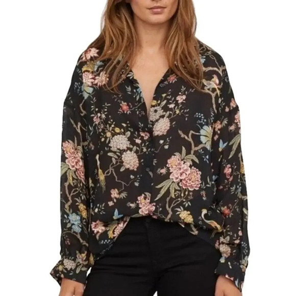 GP & J Baker Floral Bird Print Lightweight Button Up Blouse - Picture 1 of 11